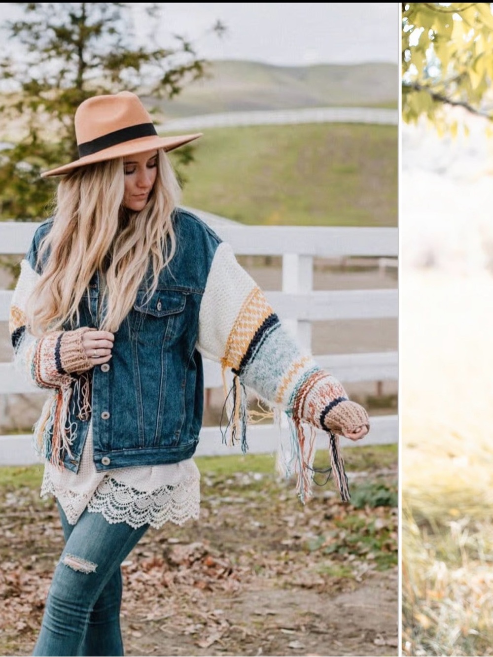 POL Mixed-Media Denim Jacket with Multicolor Knit Sleeves